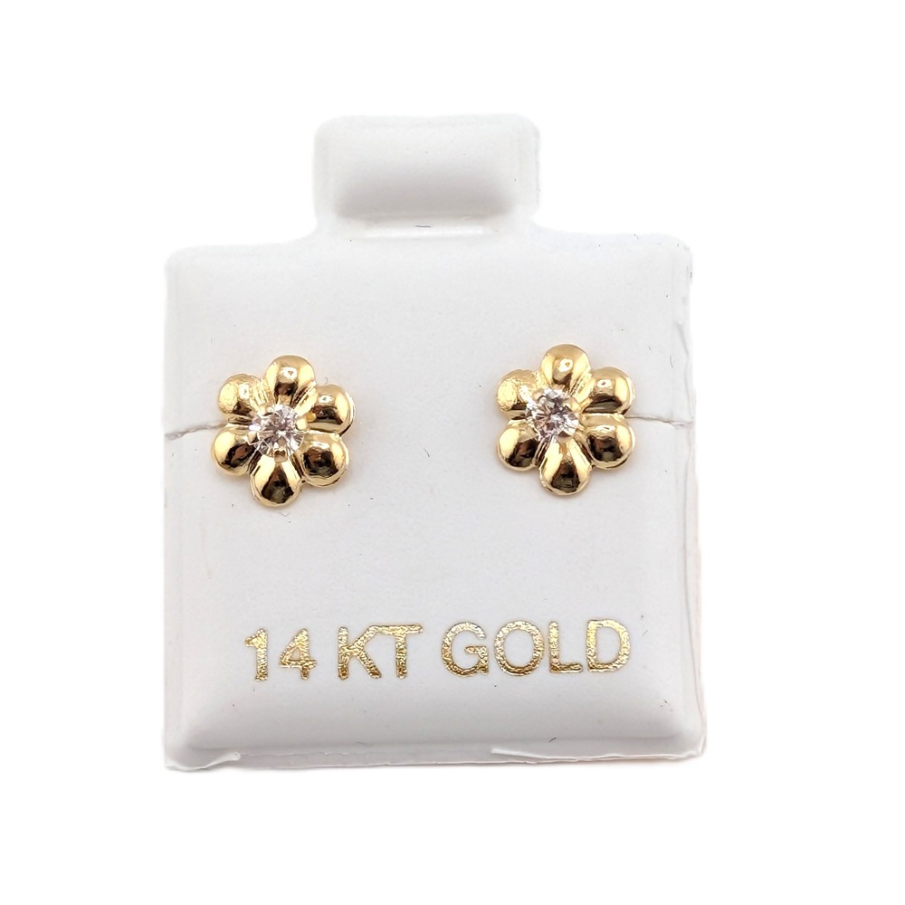 14K Solid Gold‎ Flower Stud Earrings White Cubic Zirconia Floral Posts